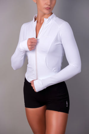 White Form Zip-Up Jacket with zip closure, breathable fabric and sleek design – Verve gym wear
